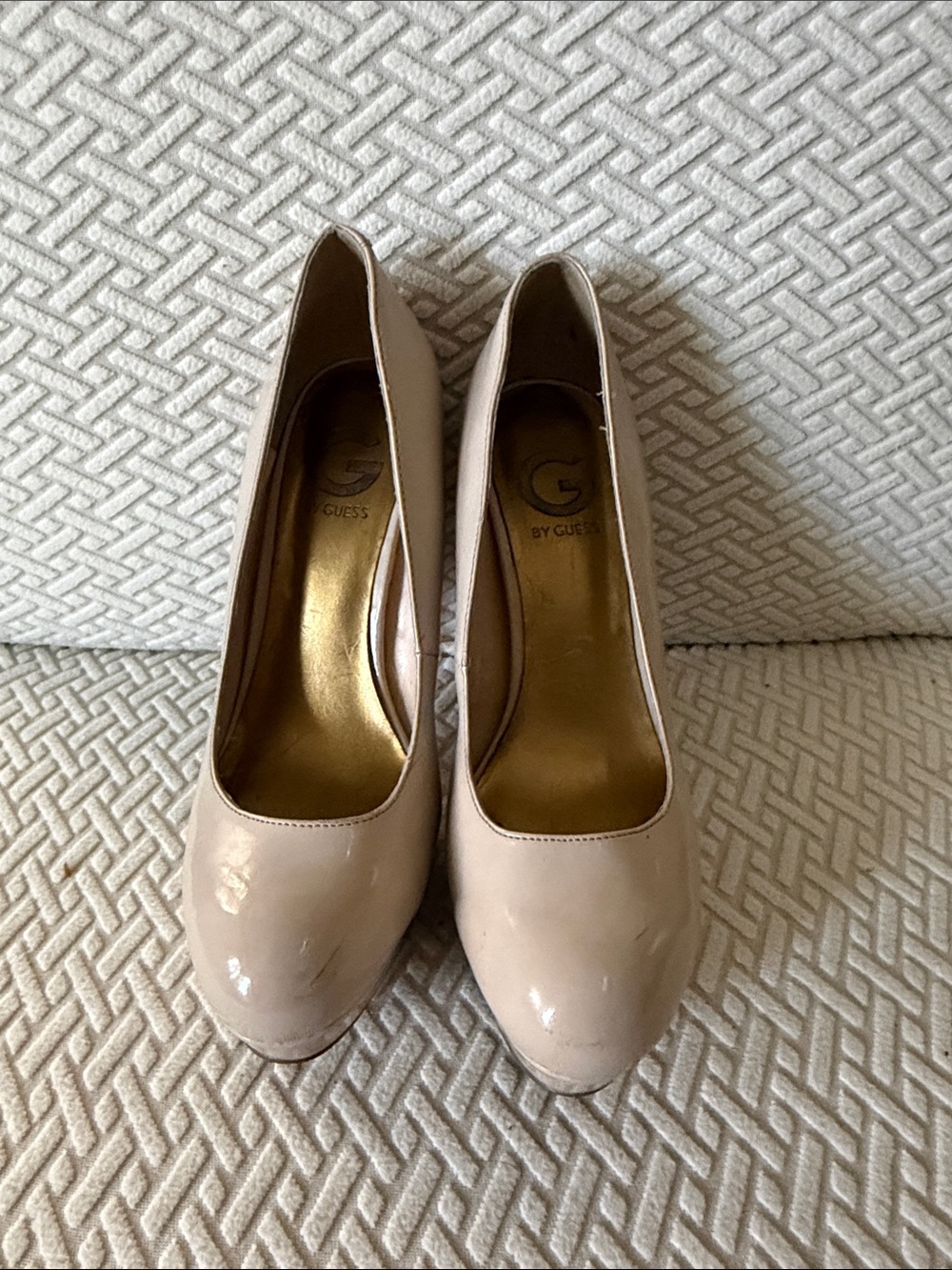 G by Guess Beige Patent Round-Toe Pumps